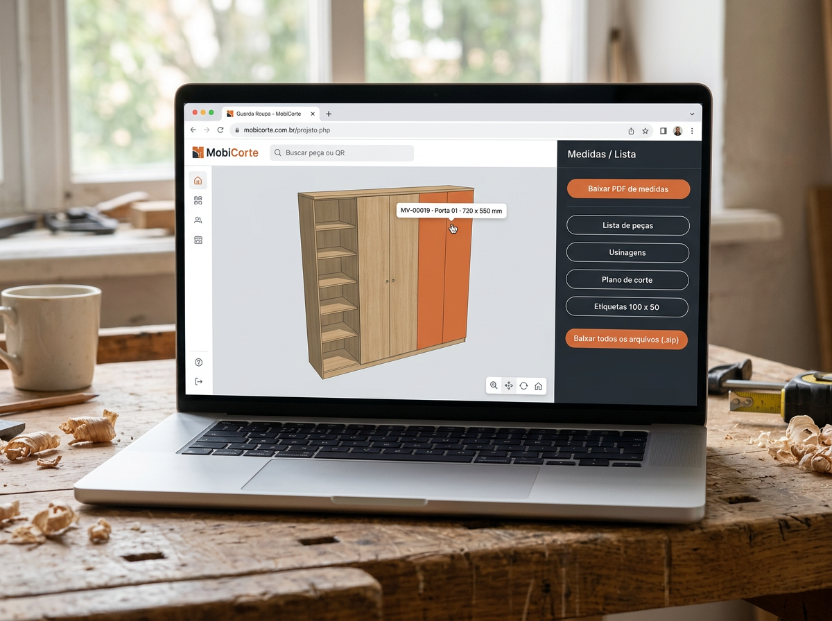 Tela do site com o móvel em 3D, uma peça destacada em laranja e o painel de busca de peças ao lado